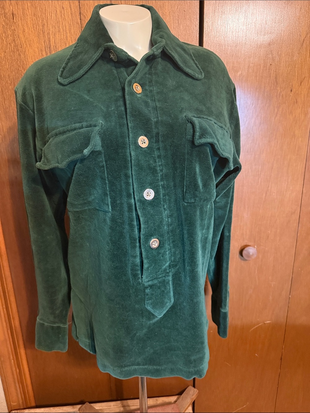 Women’s Vintage Forest Green Button-Down Velour Shirt